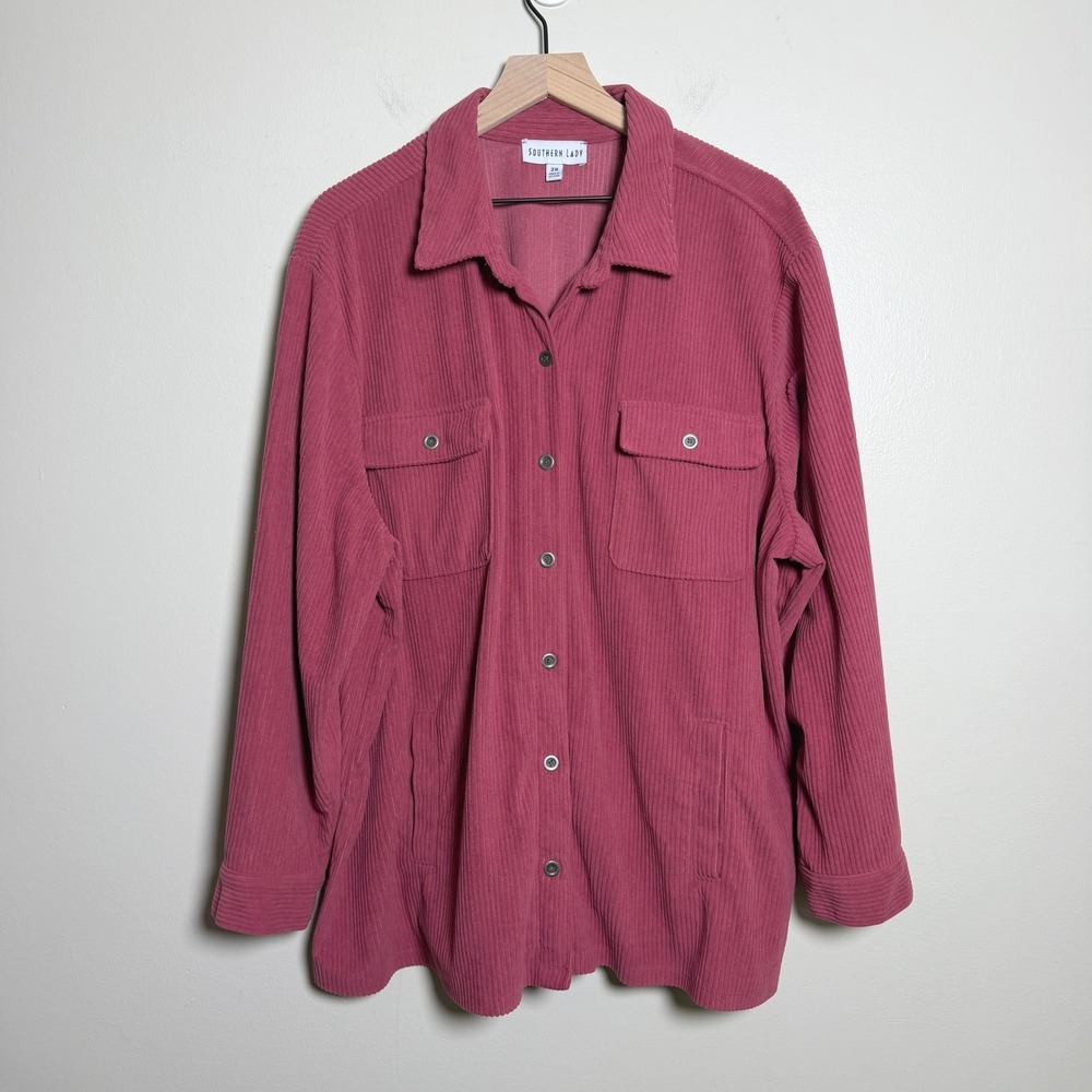 Southern Lady Womens Shirt 2X Pink Corduroy Button Up Pockets Shacket Ribbed
